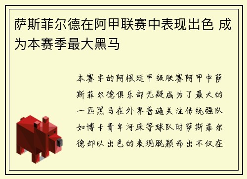 萨斯菲尔德在阿甲联赛中表现出色 成为本赛季最大黑马