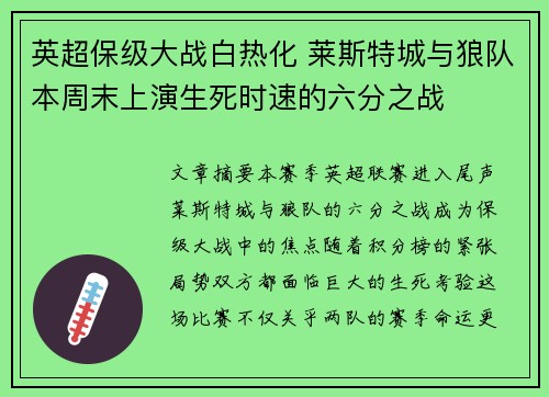 英超保级大战白热化 莱斯特城与狼队本周末上演生死时速的六分之战