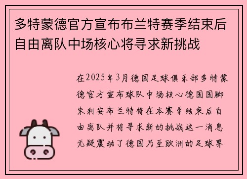 多特蒙德官方宣布布兰特赛季结束后自由离队中场核心将寻求新挑战